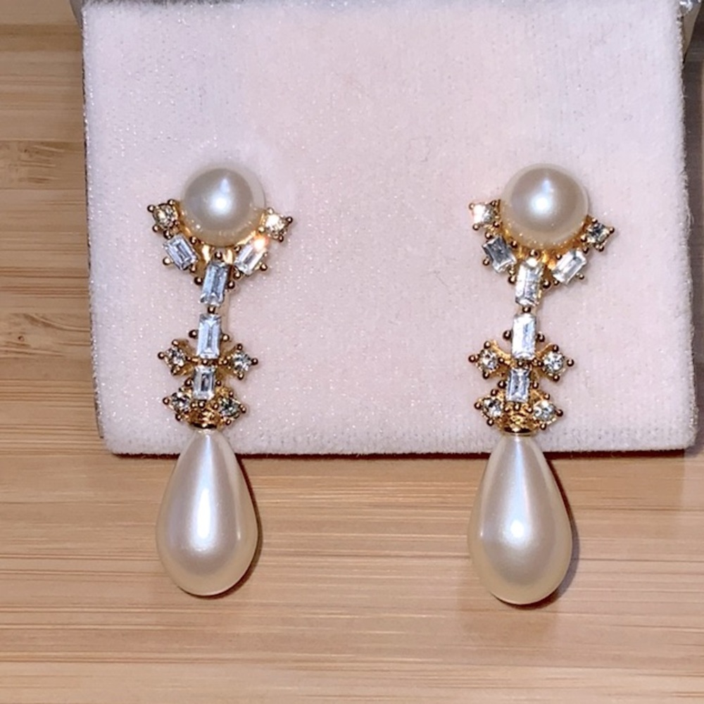 Faux Pearl and CZ drop pierced earrings. Free shipping!
